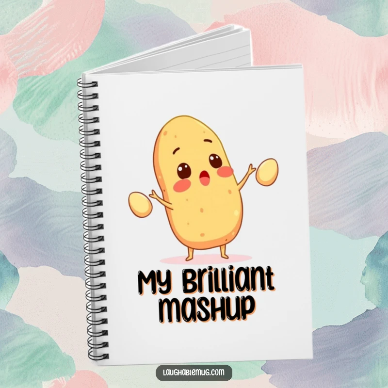 Funny notebook featuring a surprised potato juggling eggs, perfect for recipes and kitchen notes, a great gift for cooks.