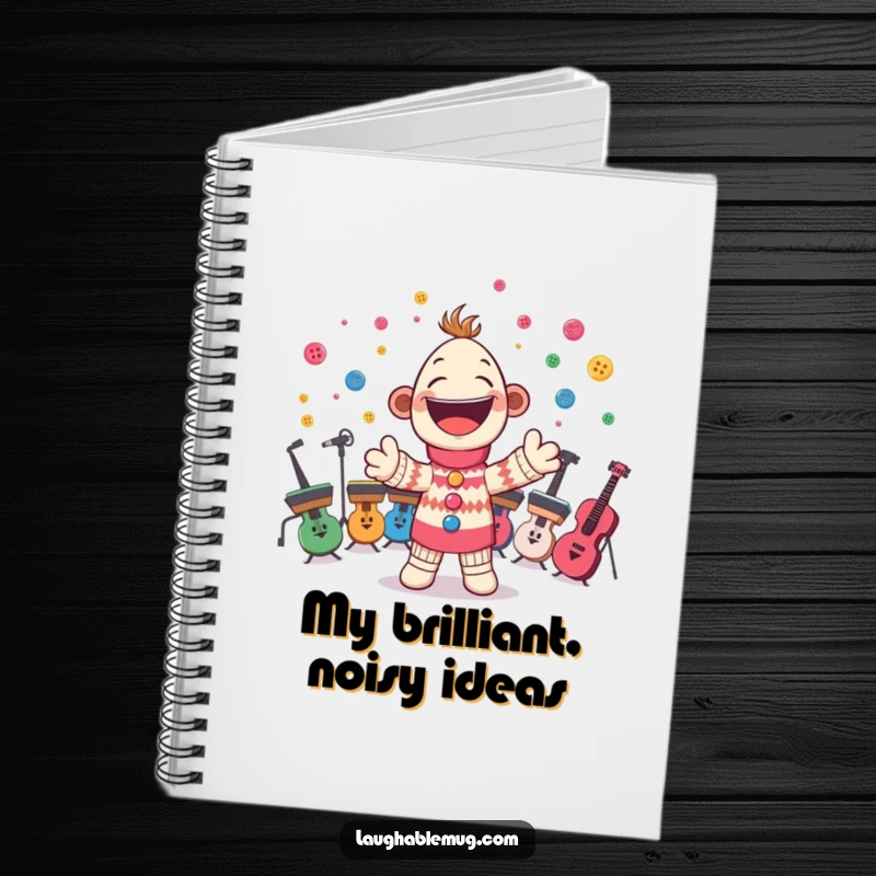 Funny notebook with a cheerful sock puppet conducting a button orchestra, inspiring creative writing and musical thoughts.