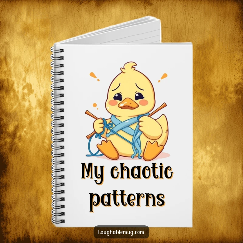 Funny notebook with a confused rubber duck hilariously attempting to knit, perfect for jotting down project ideas and craft notes.