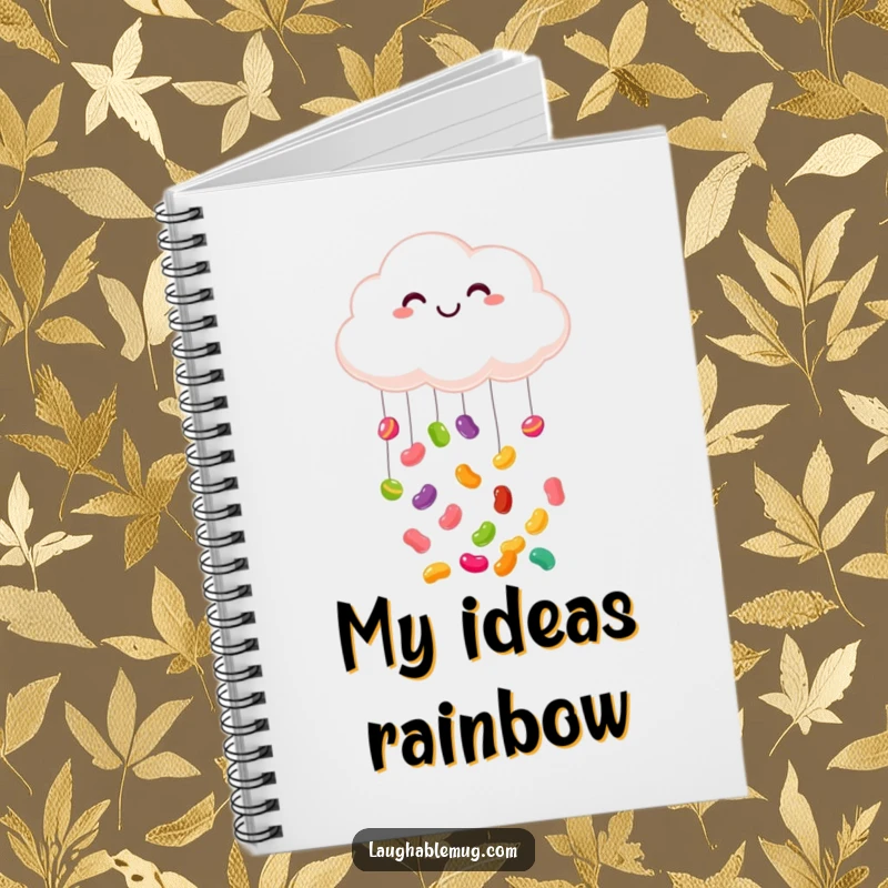 Funny notebook: A cover illustration of a smiling cloud raining colorful jelly beans, great for jotting down happy ideas.