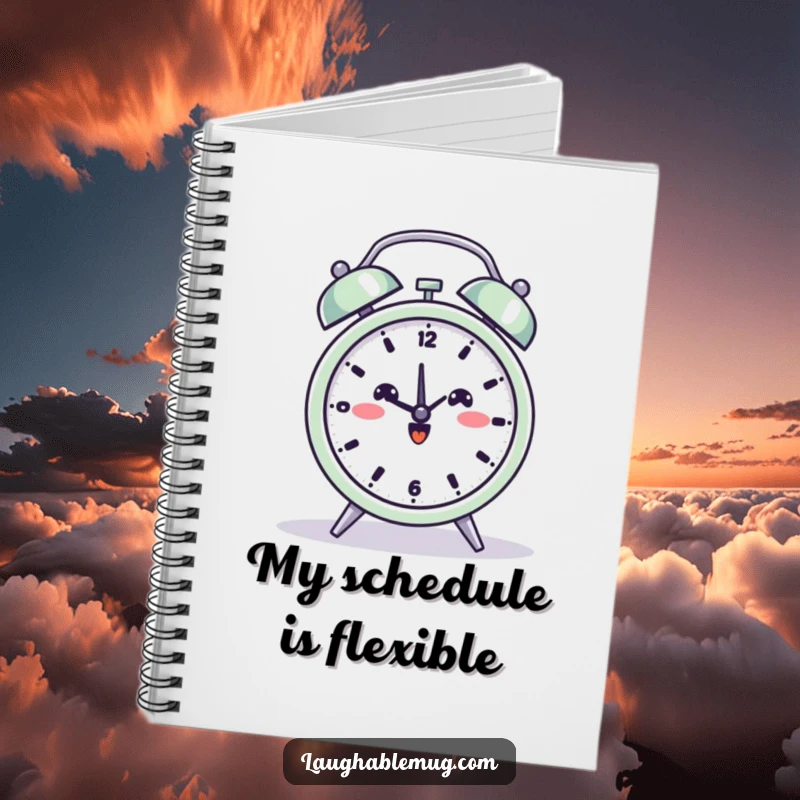 Funny notebook with a beaming alarm clock in a yoga pose on the cover, ideal for journaling.