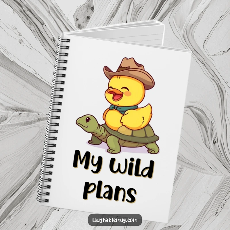 Funny notebook depicting a duck cowboy on a turtle, ideal for journaling with a humorous western theme.