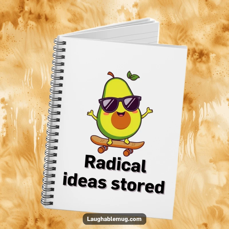 Funny notebook with a happy avocado character on a skateboard, wearing sunglasses, inspiring cool note-taking and skateboarding dreams.