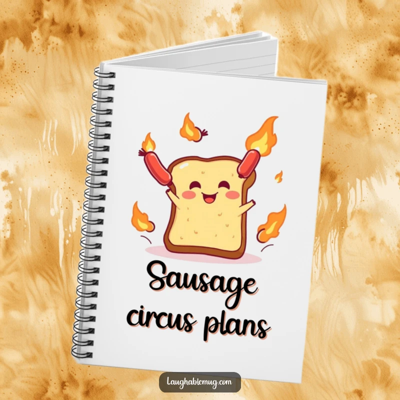 Funny notebook: A cover illustration of a toast slice juggling flaming sausages, ideal for capturing funny thoughts and ideas.