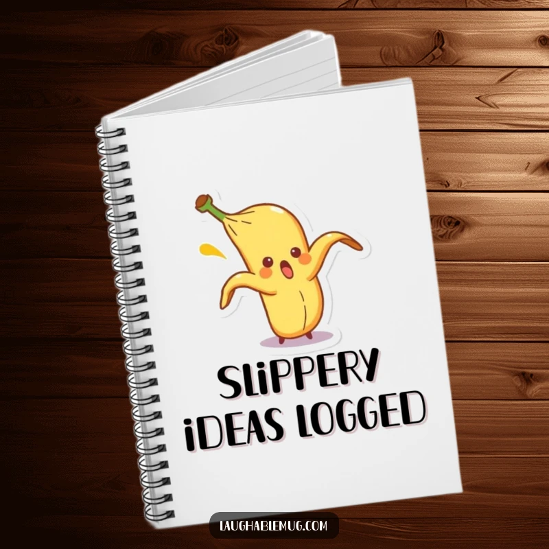 Funny notebook with a surprised banana peel character comically slipping on itself, inspiring humorous note-taking and slapstick moments.