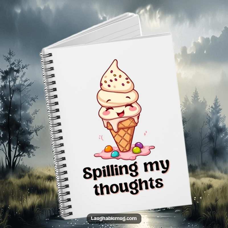 Funny notebook cover with a giggling ice cream cone spilling toppings, perfect for notes.