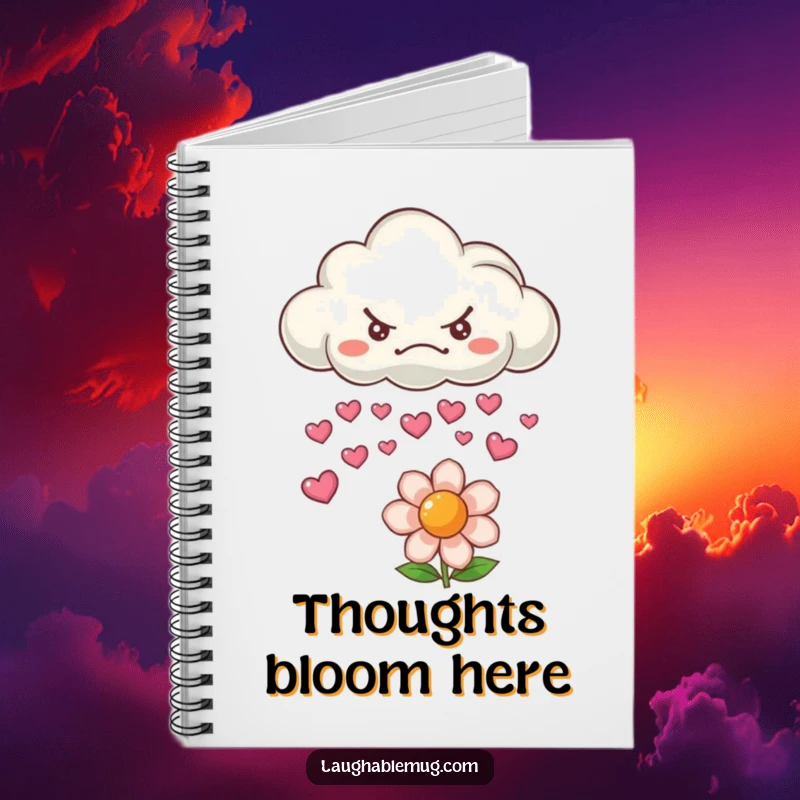 Funny notebook with a grumpy cloud raining hearts on a flower, ideal for journaling and writing.