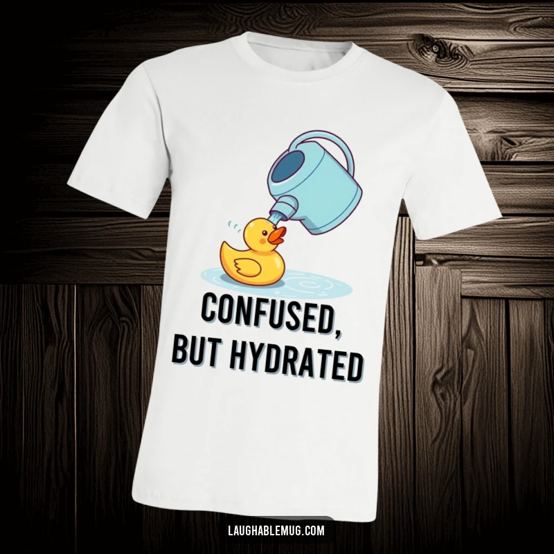 Funny t-shirt depicting a confused watering can trying to pour water onto a happy rubber duck, a humorous take on gardening.