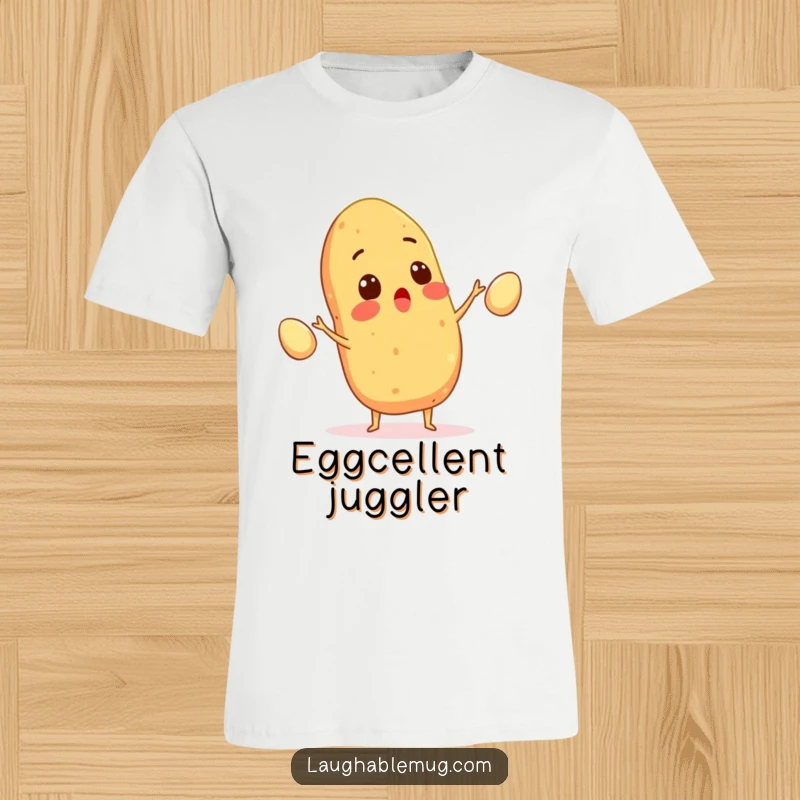 Funny t-shirt of a surprised potato energetically juggling eggs, capturing amusing kitchen antics, a great gift for humor lovers.