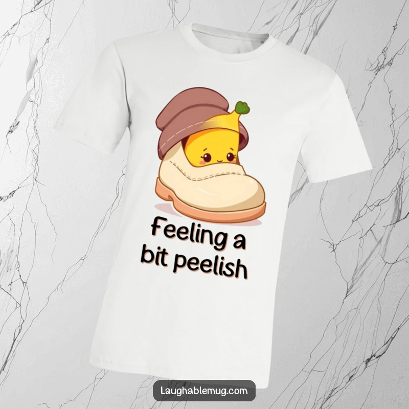 Funny t-shirt featuring a shy banana character peeking from behind a giant shoe, embodying quirky charm.