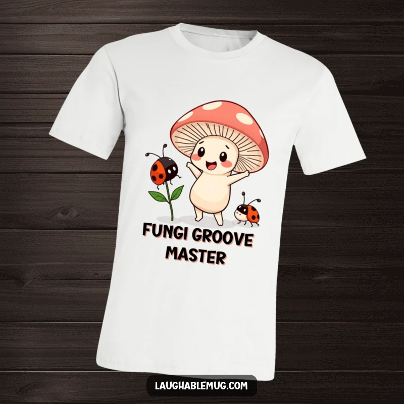 Funny Kawaii t-shirt featuring a mushroom character doing a goofy dance with a bewildered ladybug, perfect for quirky fun lovers.