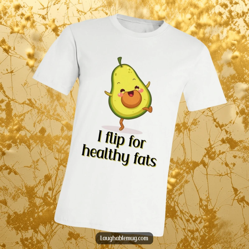 Funny t-shirt with a fuzzy avocado performing a dynamic cartwheel, showcasing a joyous and energetic personality.