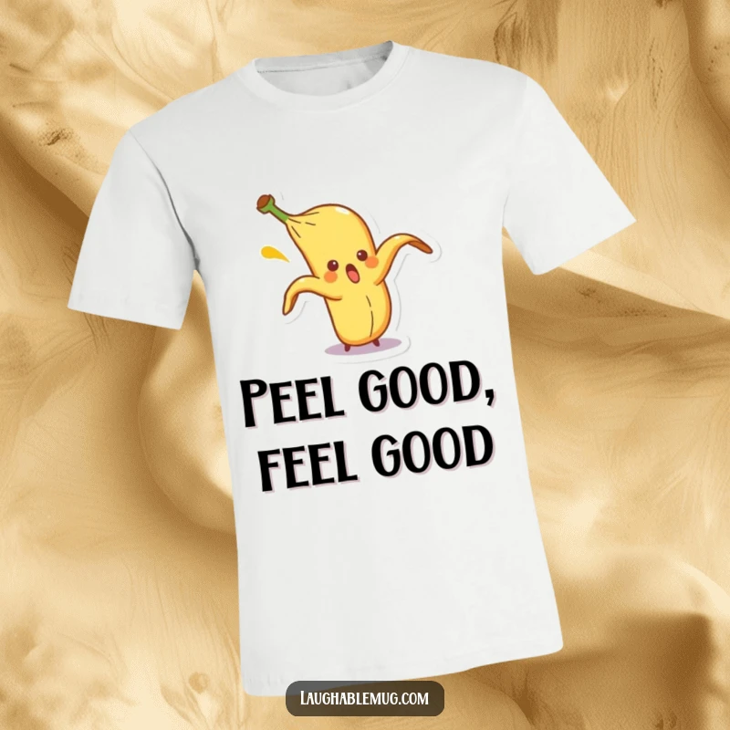 Funny t-shirt featuring a surprised banana peel character comically slipping on itself, perfect for those who enjoy slapstick humor.