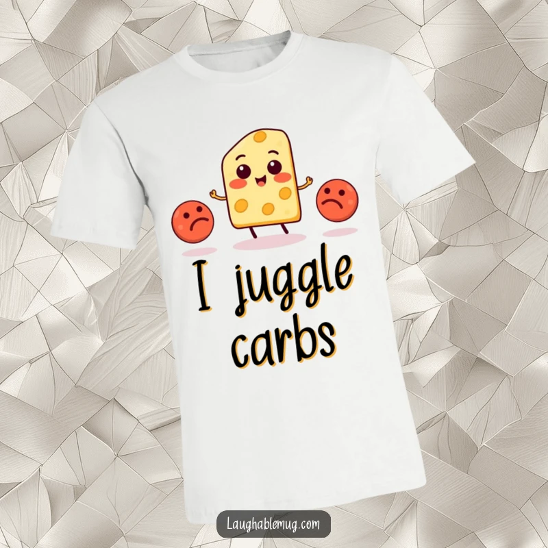 Funny Cheese Juggling Meatball T-Shirt: A cheerful cheese slice expertly juggles three round meatballs, showcasing culinary comedy.