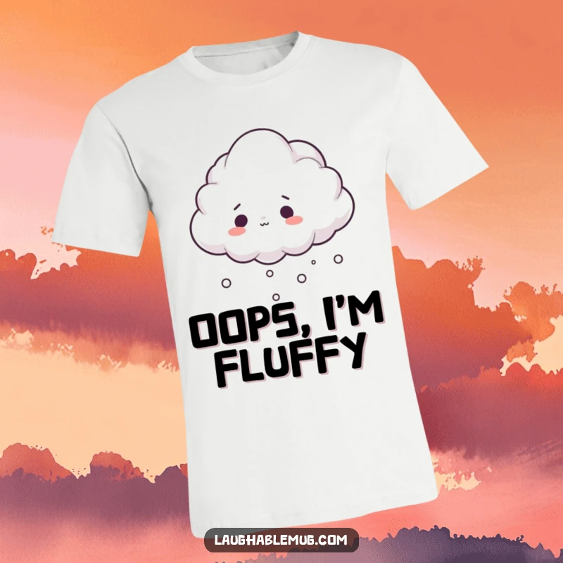 Funny t-shirt featuring a fluffy cloud tripping over its own mist with a surprised look, whimsical design.