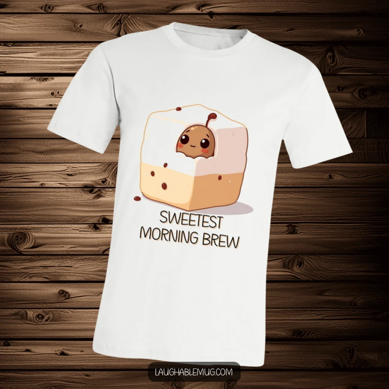 Funny T-Shirt: A curious coffee bean is peeking from within a massive sugar cube, representing a sweet and humorous coffee encounter.