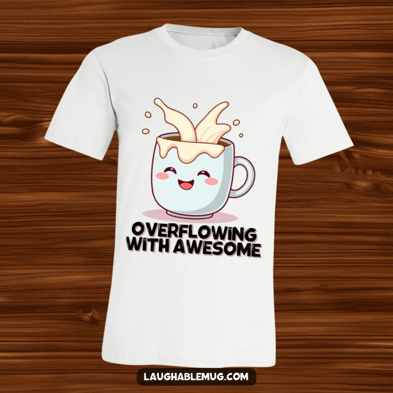 Funny t-shirt with a grinning coffee mug comically pouring itself extra cream overflow, a humorous design for coffee lovers. Ideal funny gift.