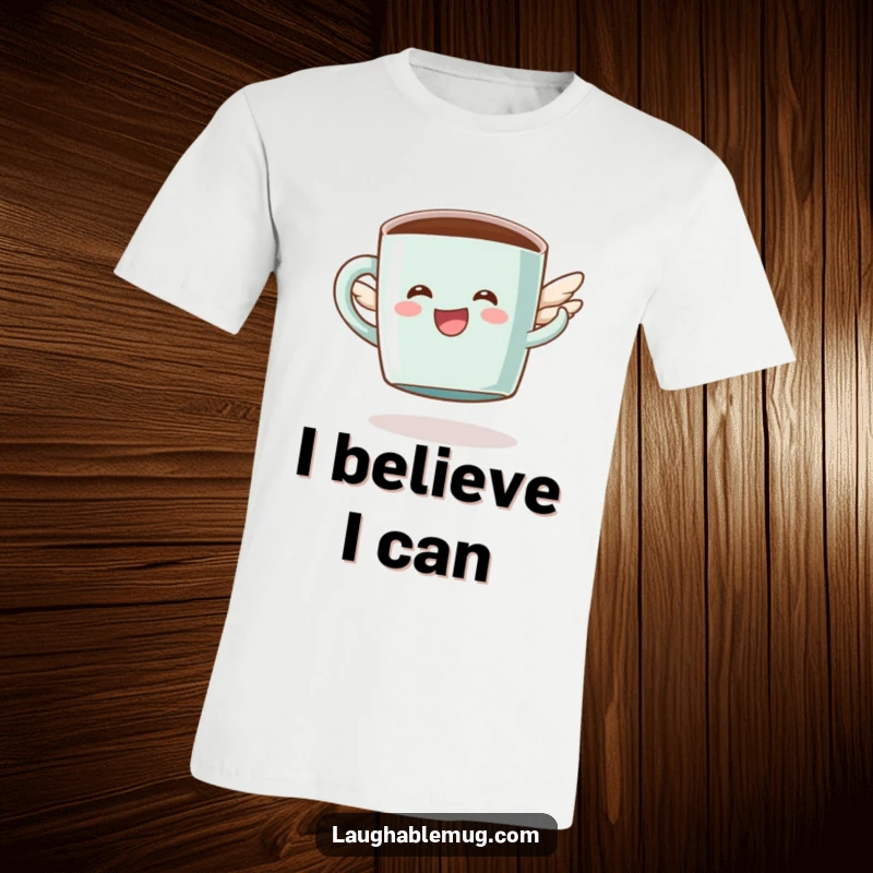Funny T-shirt with a happy coffee mug character sporting tiny wings, hilariously trying to achieve flight.