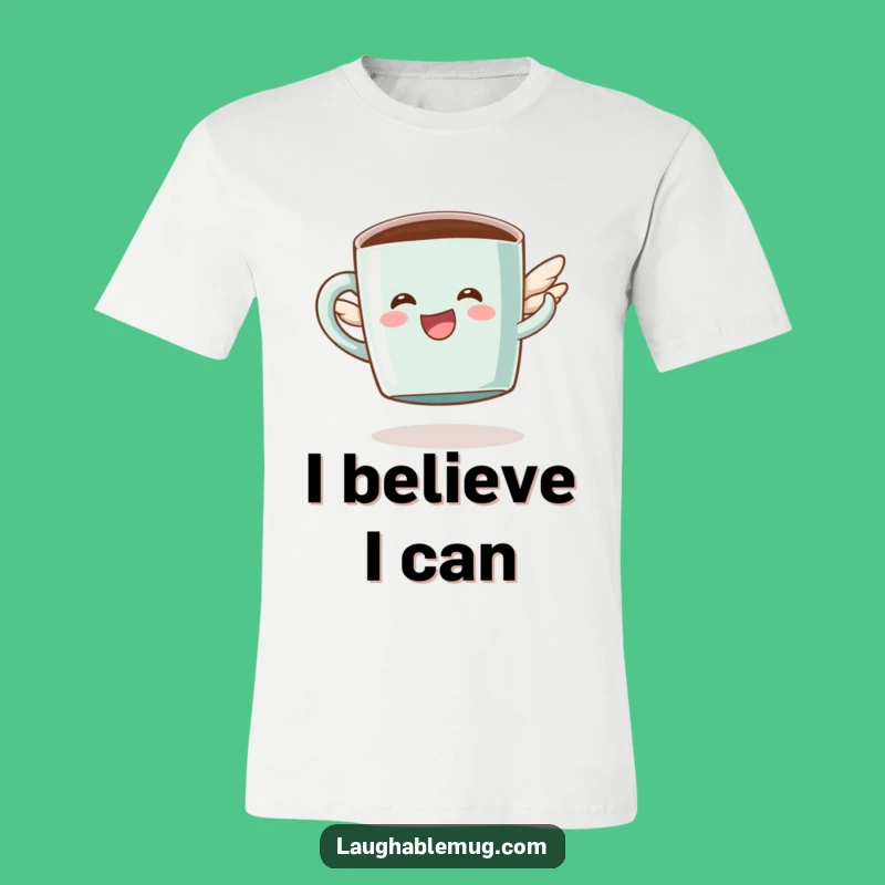 Funny Coffee T-Shirt: Happy Flying Mug Character, Humorous Gift for Caffeine Addicts