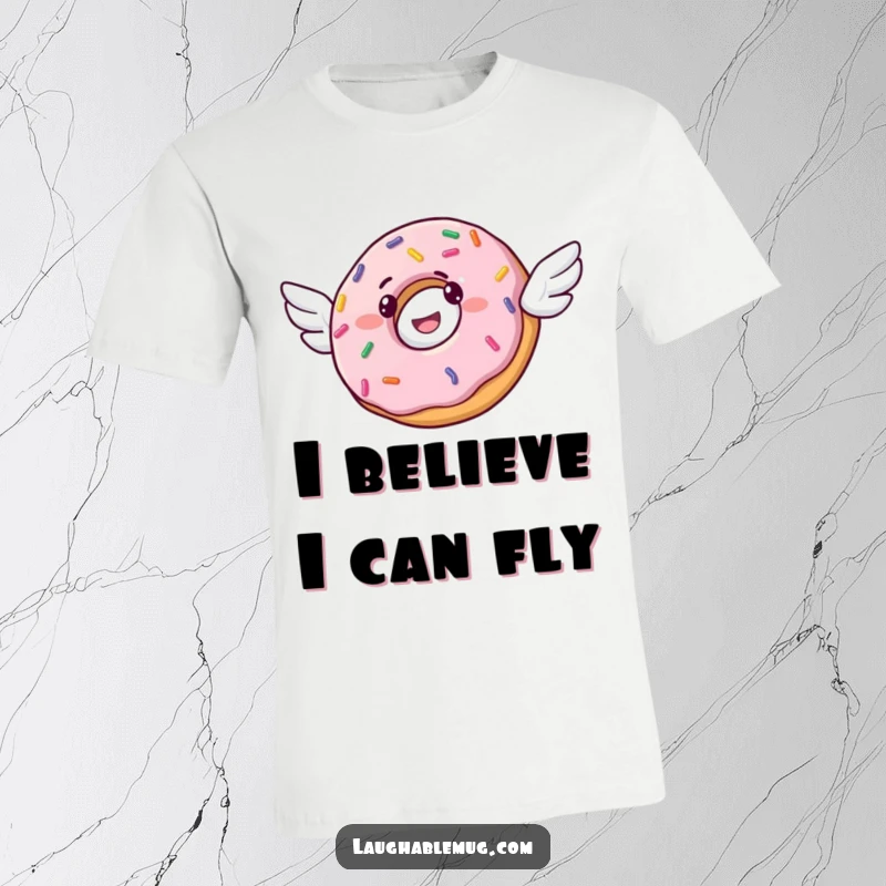 Funny t-shirt showcasing a joyful donut with tiny wings, aspiring to fly, adorned with vibrant sprinkles.