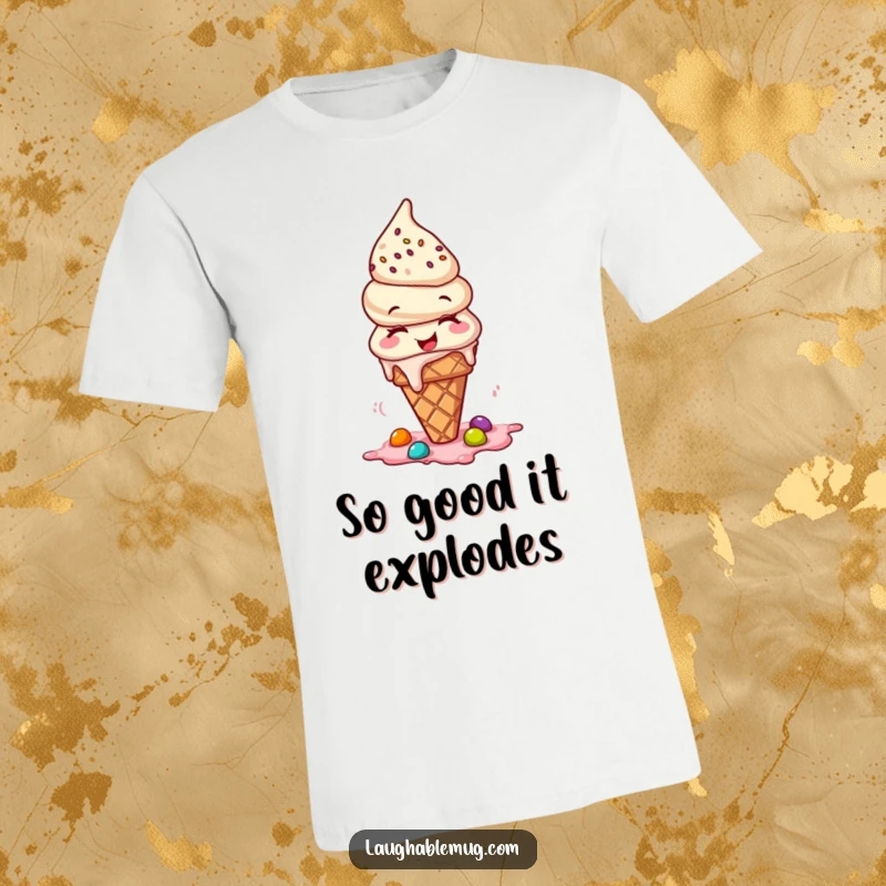 Funny T-shirt graphic of a giggling ice cream cone, with toppings scattering joyfully.