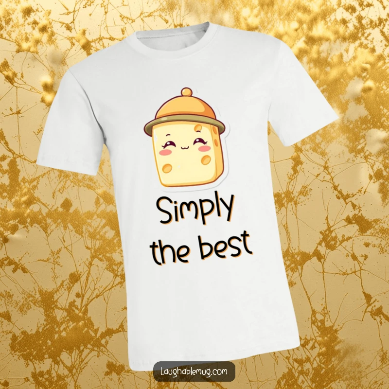 Funny T-shirt with a grinning cheese wedge wearing a miniature hat, a symbol of playful celebration.