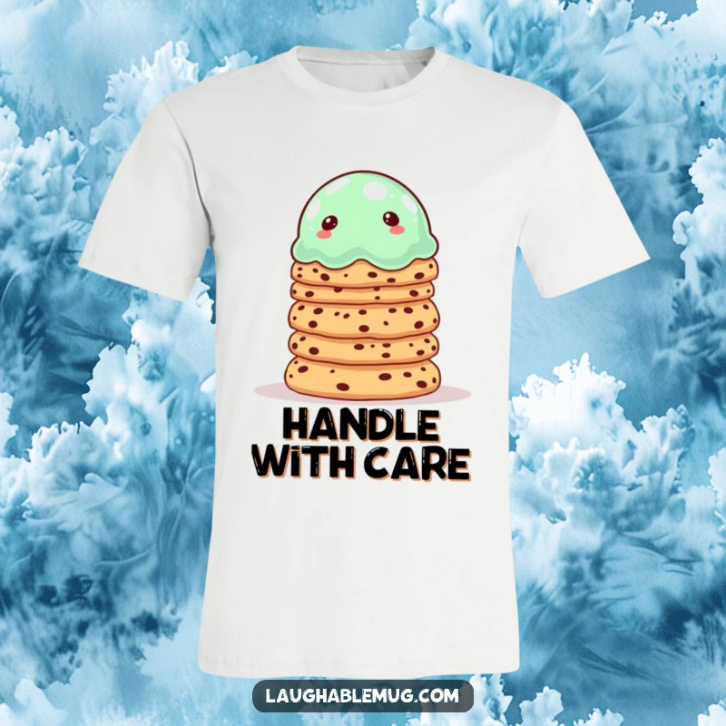 Funny t-shirt with a wobbly jelly precariously balancing cookies, perfect for dessert enthusiasts.