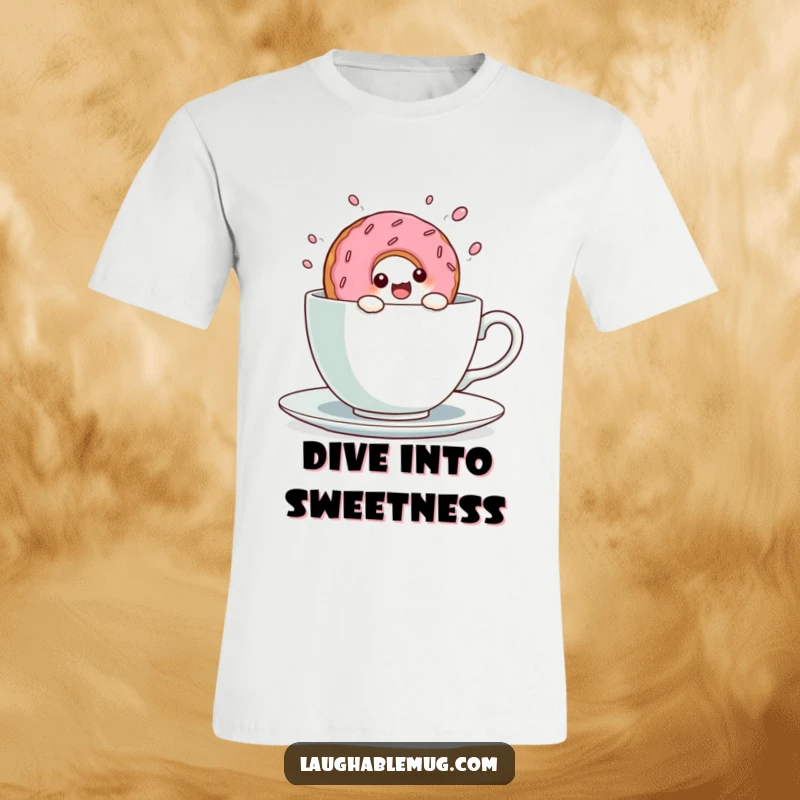 Funny Kawaii Donut Teacup Dive T-Shirt: A cheerful kawaii donut character dives with enthusiasm into a large teacup, very cute.