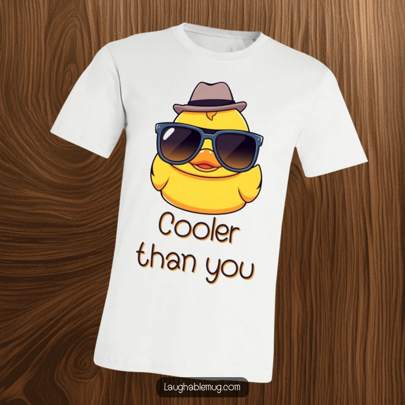 Funny Kawaii rubber ducky character wearing oversized sunglasses and a tiny fedora, looking stylish on a graphic tee.