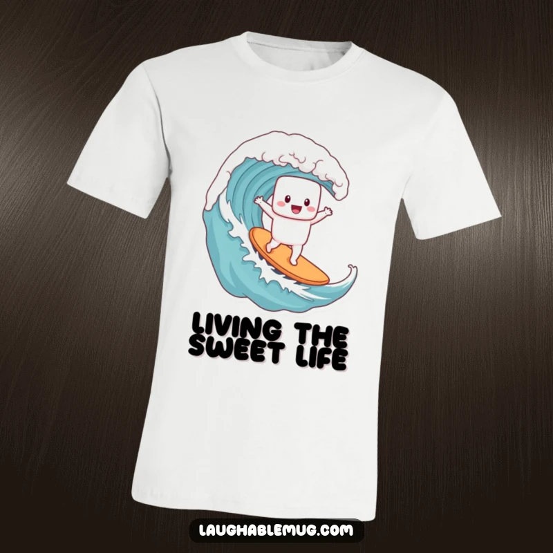 Funny t-shirt showcasing a happy marshmallow character riding a huge coffee wave, embodying pure joy and a love for adventure.