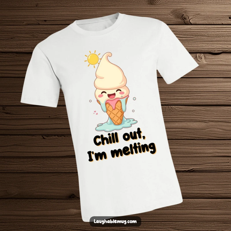 Funny t-shirt featuring a melting ice cream cone character laughing joyously under the sun, celebrating summer and sweet happiness.