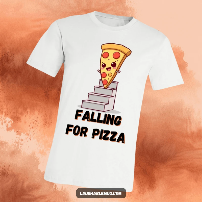 Funny t-shirt featuring a pizza slice comically attempting to slide down a staircase, a food lover's humor.