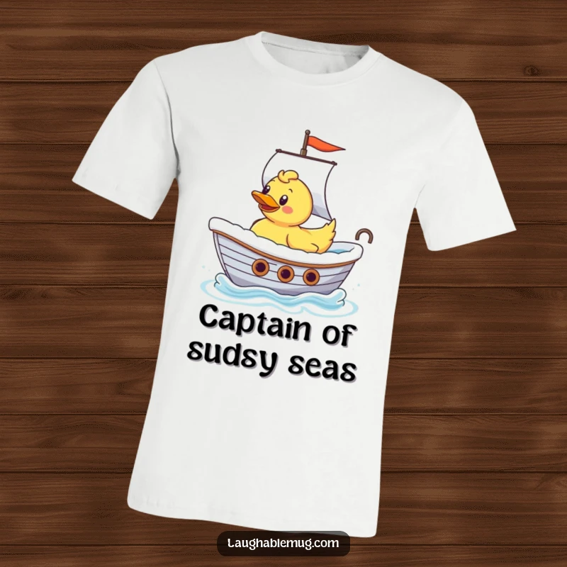Funny Rubber Ducky Ship Captain T-Shirt: A squeaky rubber ducky is depicted heroically sailing a bathtub, pretending it's a mighty ship.