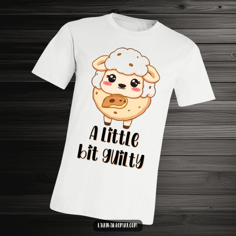 Funny T-shirt graphic of a sheepish cookie with a bite removed, representing sweet indulgence.