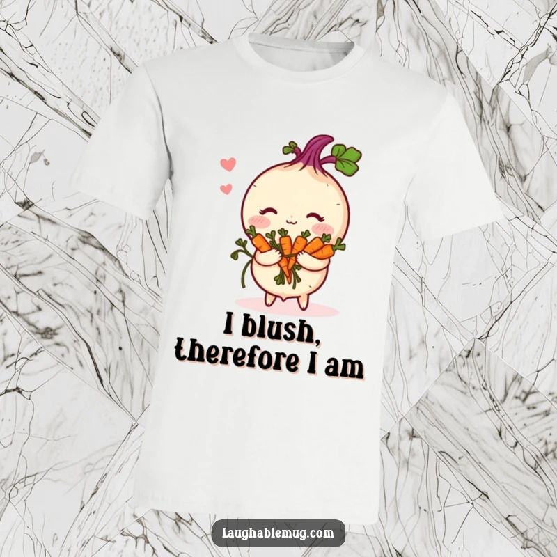 Funny T-Shirt: A shy turnip blushes deeply while presenting a small bouquet of carrots, radiating cute bashfulness.
