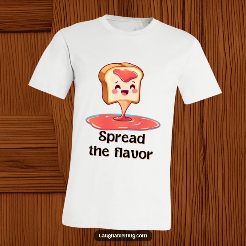 Funny T-shirt featuring a smiling toast character making a dramatic dive into a pool of jam, perfect for foodies.