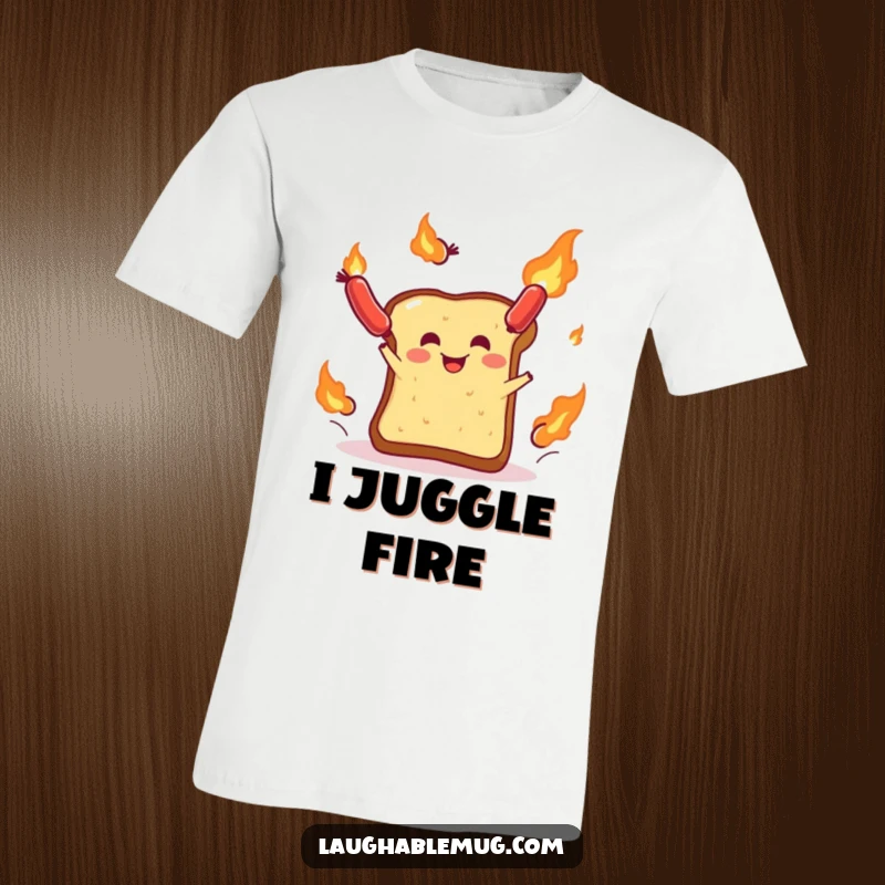 Funny t-shirt: A cheerful slice of toast energetically juggling fiery sausages, celebrating the madness of a chaotic breakfast.