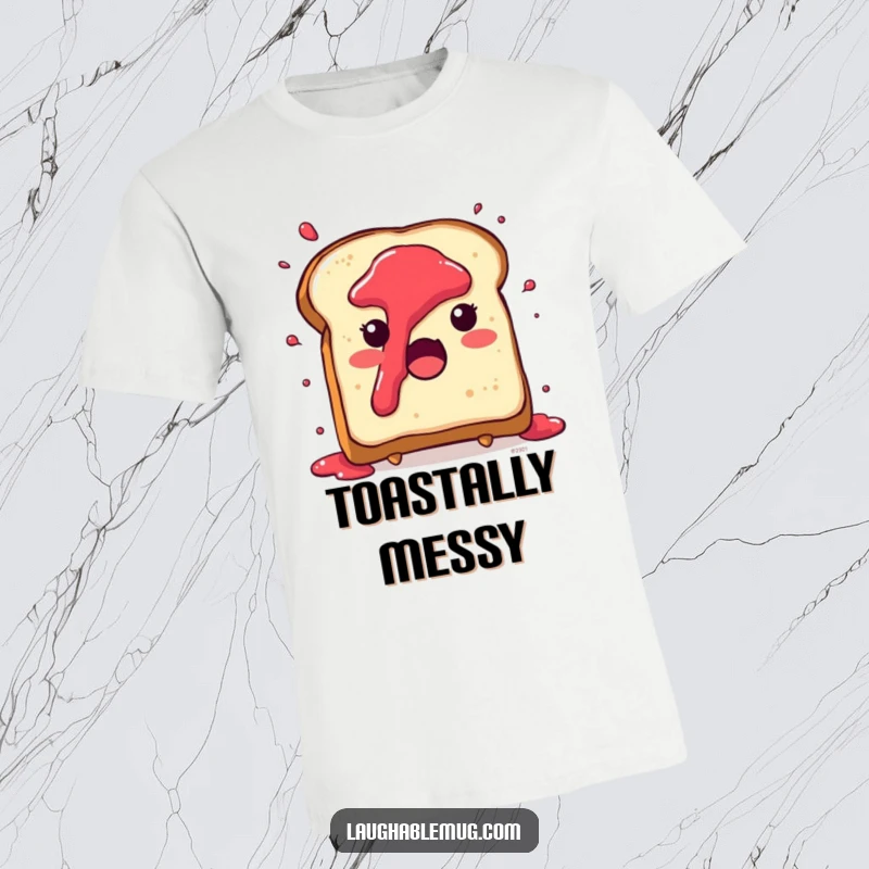 Funny T-shirt depicting a cute toast character with jam splattering wildly around it in surprise, celebrating breakfast comedy.