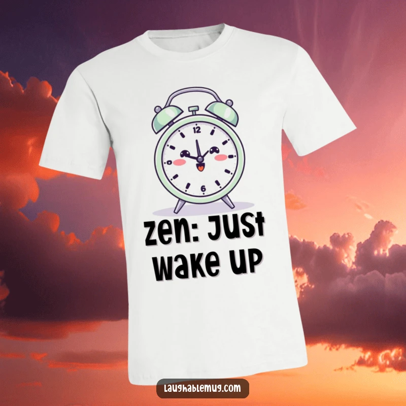 Funny t-shirt featuring a beaming alarm clock gracefully attempting a yoga pose, radiating calm energy.