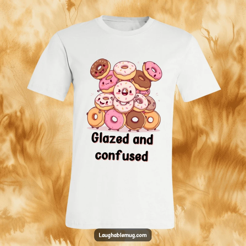 Funny t-shirt: A group of donuts hilariously attempting synchronized dance moves with awkward, yet charming, wobbles.