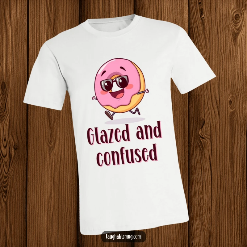 Funny t-shirt featuring a slightly tipsy donut character stumbling with a big, goofy grin, perfect for fun-loving individuals.