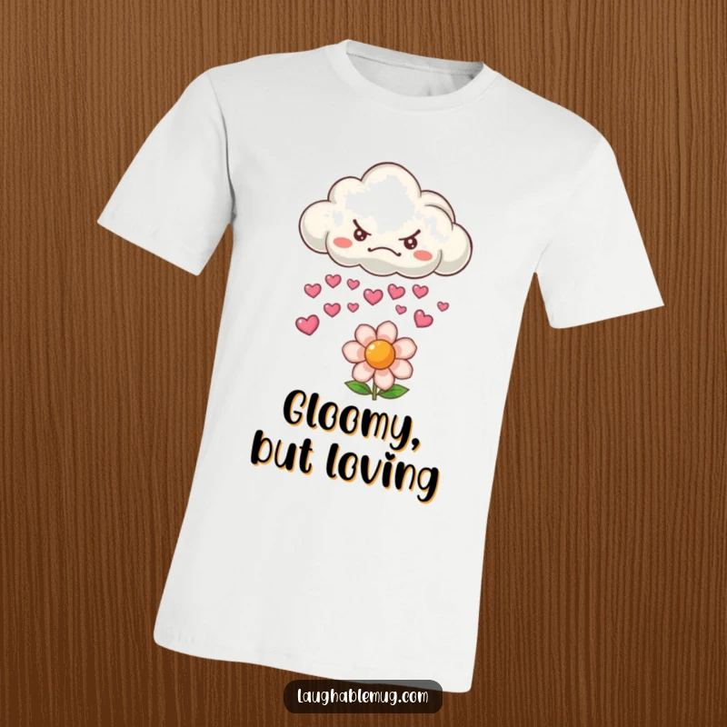 Funny t-shirt with a grumpy cloud raining smiling hearts onto a happy flower, symbolizing love.
