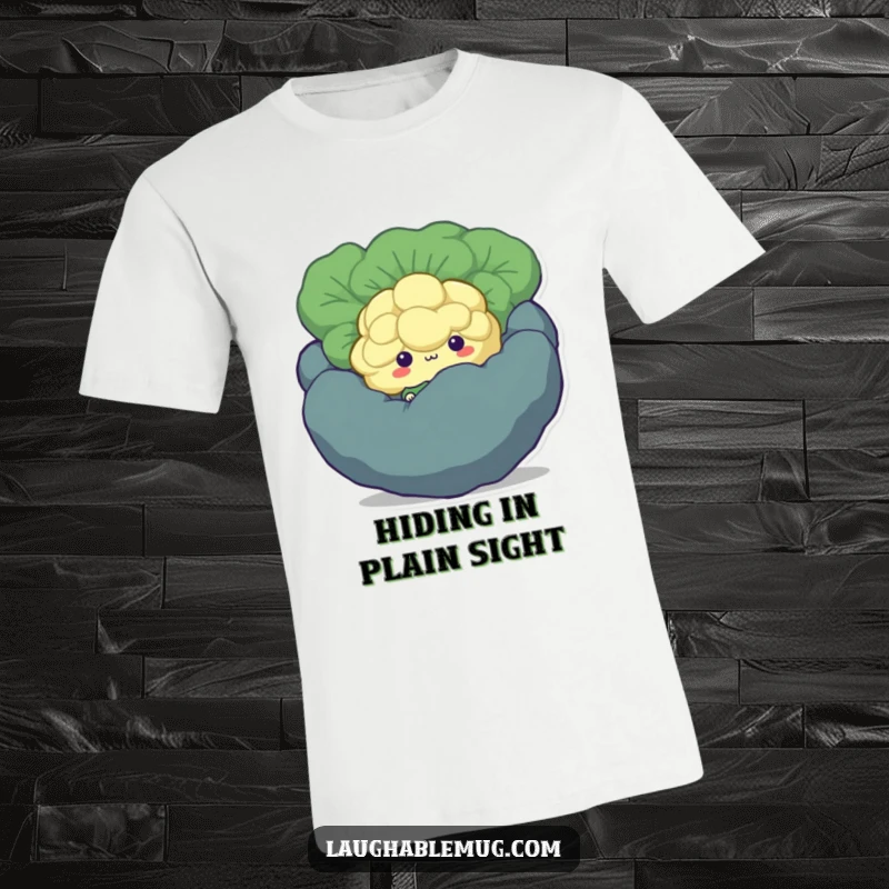 Funny Shy Broccoli T-Shirt: A shy broccoli floret character is hiding behind a larger, unspecified vegetable, embodying cute bashfulness.