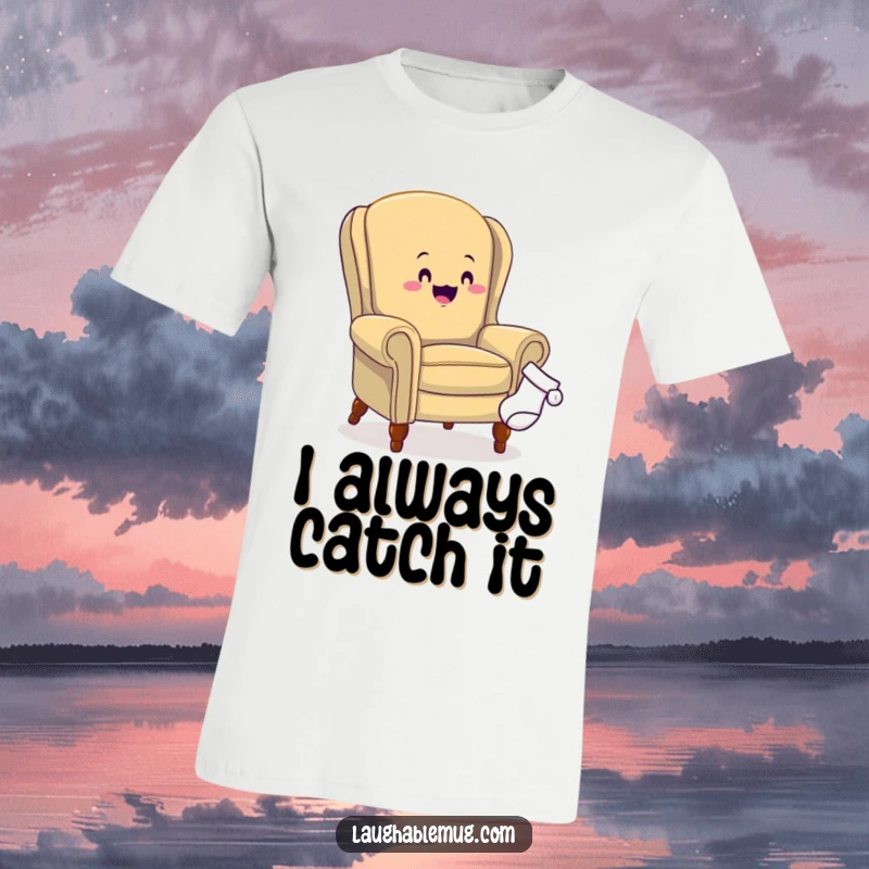 Funny t-shirt featuring a determined armchair in pursuit of a runaway sock, illustrating a comical household chase scene.