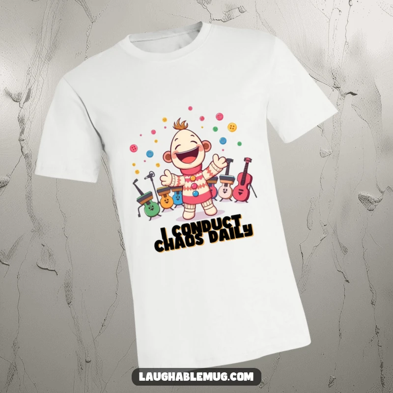 Funny T-Shirt: A cheerful sock puppet enthusiastically conducts a chaotic orchestra of colorful buttons, a symphony of silliness.