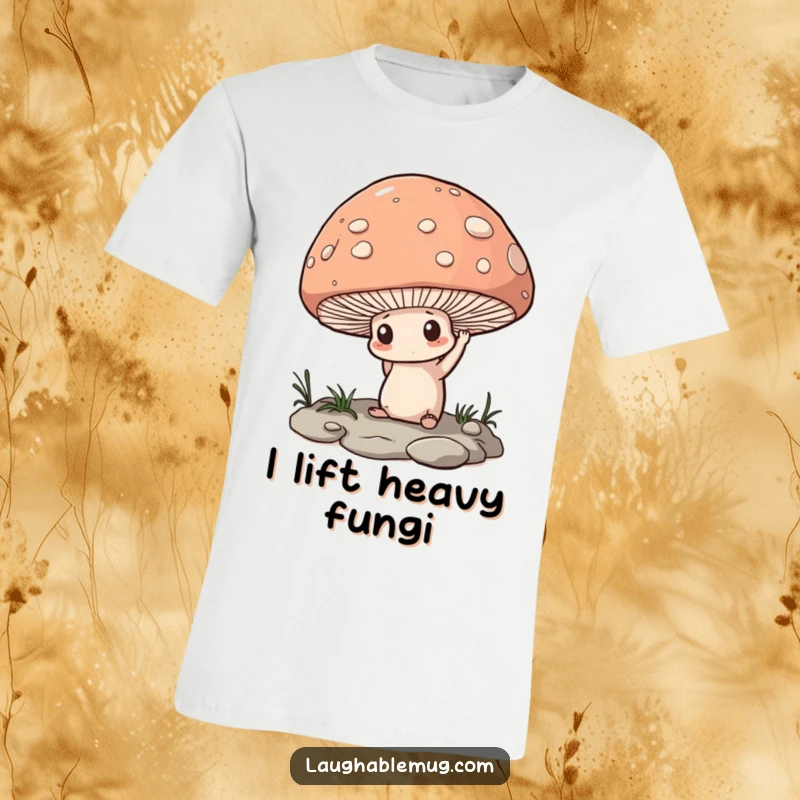 Funny T-Shirt: A determined mushroom straining to lift an oversized pebble, representing effort and ambition humorously.