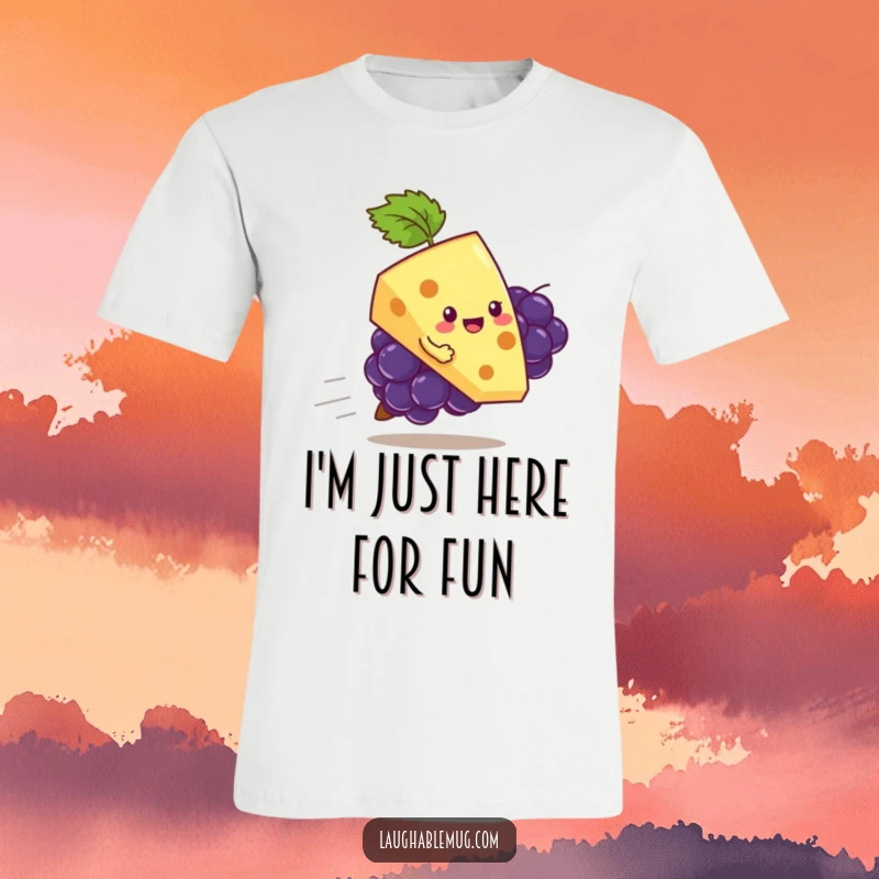 Funny T-Shirt: A playful slice of cheese comically attempts to ride a runaway grape, a scene of culinary mischief.