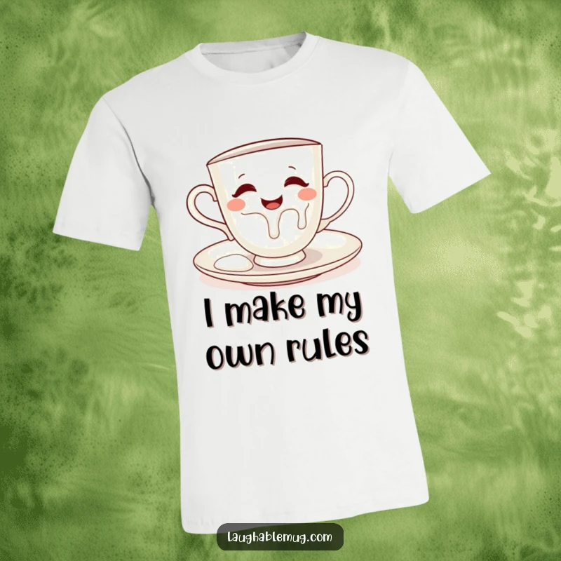 Funny t-shirt illustrating a naughty teacup pouring milk onto its saucer, perfect for kitchen enthusiasts.