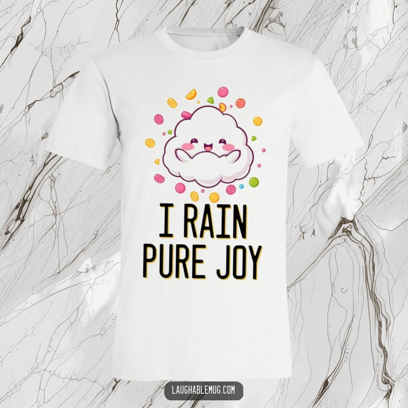 Funny Candy Rain Cloud T-Shirt: A fluffy cloud character joyfully raining colorful candy, a fun funny gift.