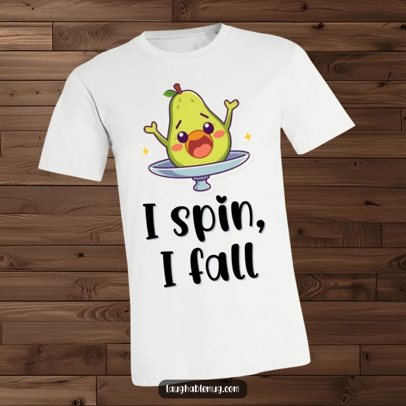 Funny T-shirt featuring a surprised avocado character tumbling off a spinning plate, celebrating food-related comedy.